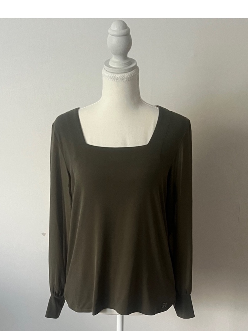 Calvin Klein Womens Green Minimalist Capsule Square-Neck Long Sleeve Blouse, S
